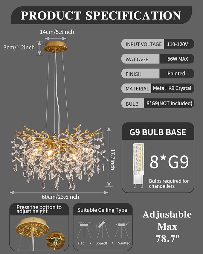Modern Tree Branch Crystal Chandelier Luxury Gold Crystal Pendant Lighting 23.6" Contemporary 8-Light Chandeliers for Dining Room Kitchen Bedroom Living Room