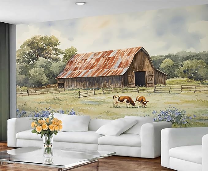 Oak Grove Mural Wallpaper, Vintage Farm Murals, Modern Watercolor Wall Art Murals Wallpaper for Living Room Bedroom Home Decor Mural - 59" W x 39.33" H (Not Peel Stick)