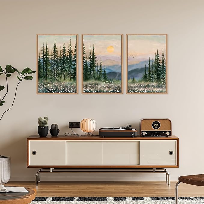 Boho Sunset Forest Framed Canvas Wall Art Set,Colorful Nature Landscape Green Pine Tree Wall Decor, Modern Watercolor Mountain Artwork for Living Room,Bedroom,Office-24 x36 x3