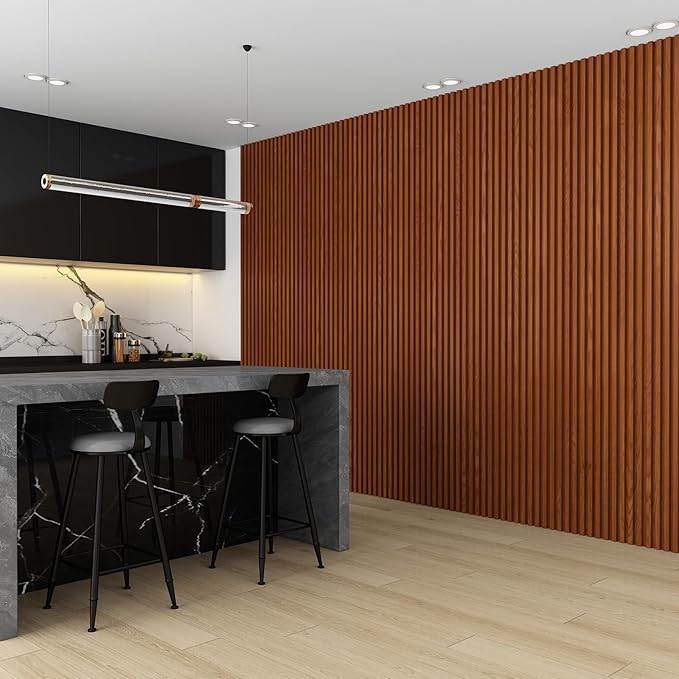 8-Pack WPC Wall Panels 118’’ x 6.1’’ 3D Slat Wall Panel Acoustic Wall Paneling for Interior Wall Decor TV Background Kitchen Bedroom Teak