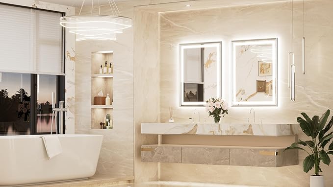 Keonjinn 28 x 36 Inch Brushed Nickel LED Bathroom Mirror with Frontlit & Backlit, Lighted Mirrors for Bathroom Wall, Tempered Glass, Metal Framed Beveled Edge, 3000K/4500K/6000K, Defogging, Dimmable