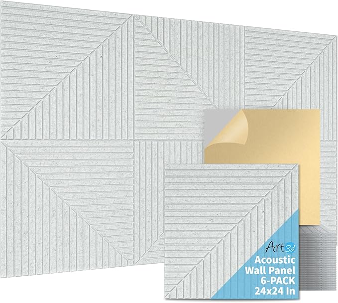 Art3d 6-Pack Self-Adhesive Acoustic Wall Panels for Home Décor, 24 x 24 Inch Soundproofing Panels for Office Studio Bedroom - High Noise Absorption Polyester Fiber, Gray