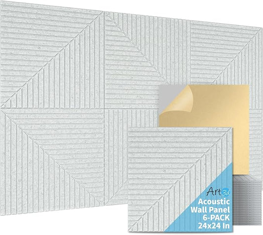 Art3d 6-Pack Self-Adhesive Acoustic Wall Panels for Home Décor, 24 x 24 Inch Soundproofing Panels for Office Studio Bedroom - High Noise Absorption Polyester Fiber, Gray