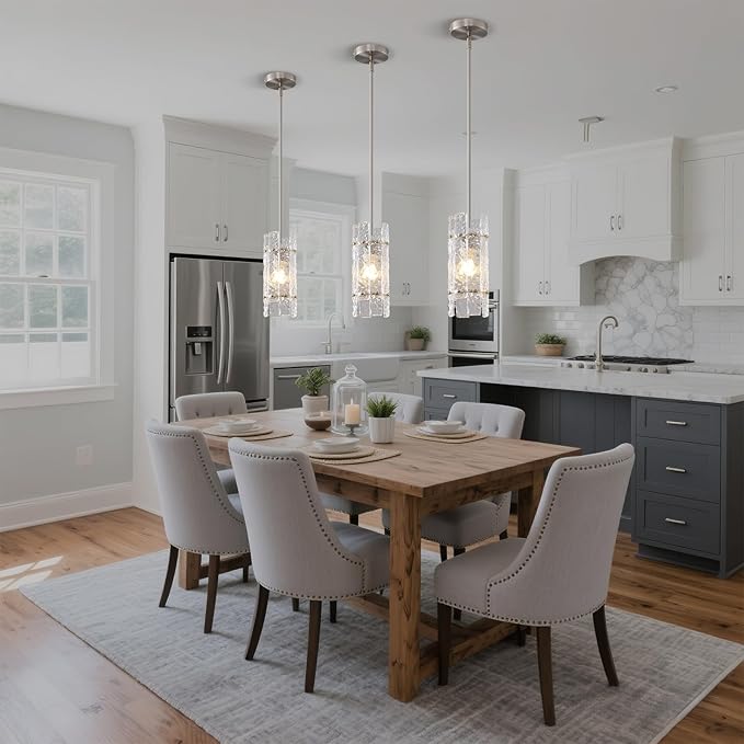 Brushed nickel Crystal Pendant Light for Kitchen Island, Luxury Mini Water Ripple Glass Chandelier Fixture, Modern Round Adjustable Hanging Pendant Lighting for Dining Room Bathroom Hallway (3-Pack)