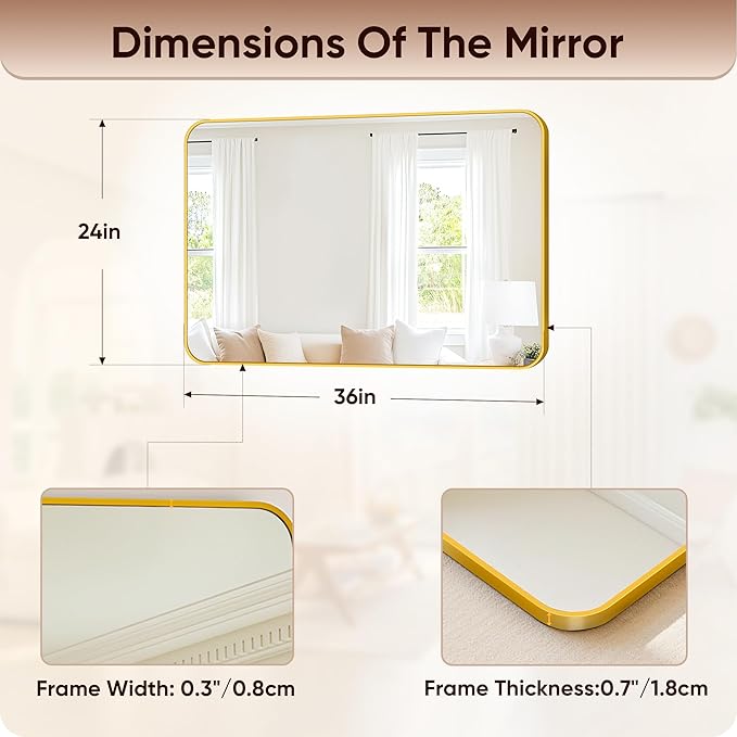 Antok Wall Mirror, 24"x36" Bathroom Vanity Mirror, Anti-Rust HD Tempered Glass, Wall Mounted Mirrors for Living Room, Entryway, Gold Frame, Rect