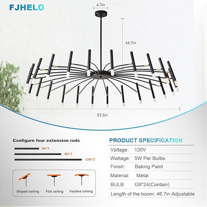 Modern Chandelier 24-Light with G9 Bulbs Included, 53 Inch Adjustable Height Ceiling Fixture - Customizable Drop for Dining Room, Entryway, Bedroom - Black Wrought Iron Matte Finish