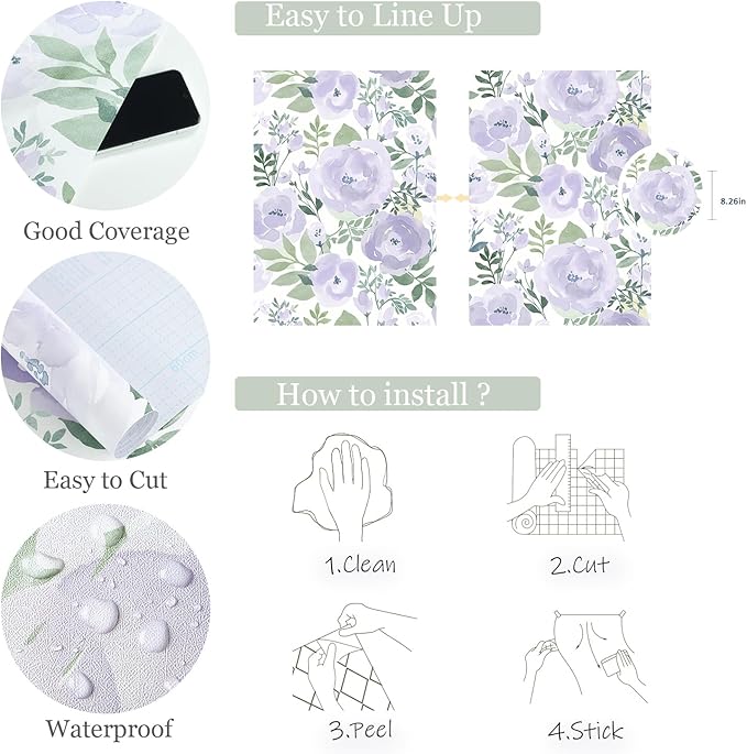 Orainege Floral Wallpaper Peel and Stick Wallpaper Floral Contact Paper 16.9in x196.8in Boho Peony Self Adhesive Removable Wall Paper for Bedroom Decor Vinyl, Purple