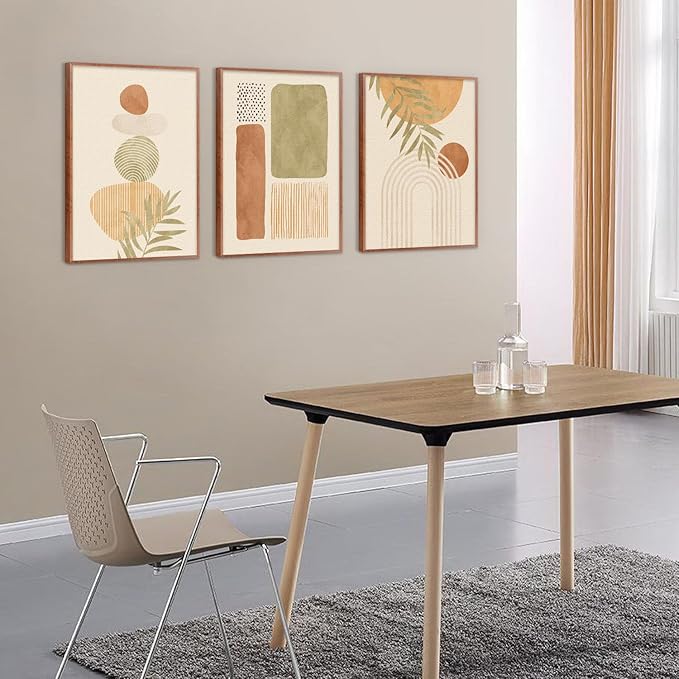 LHIUEM Mid Century Modern Decor Neutral Canvas Wall Art Set of 3(12”X16”) Large Geometric Pictures Boho Art Prints Bohemian Framed Decor Midcentury Modern Wall Art for Dining Room Living Room Bedroom