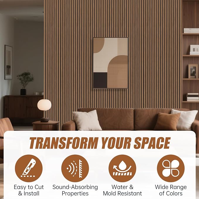 4 Pack 94.5" × 11" Wood Panels for Wall, Acoustic Soundproof Wall Slat Panels, 3D Wall Panels for Home Office Decoration, Walnut