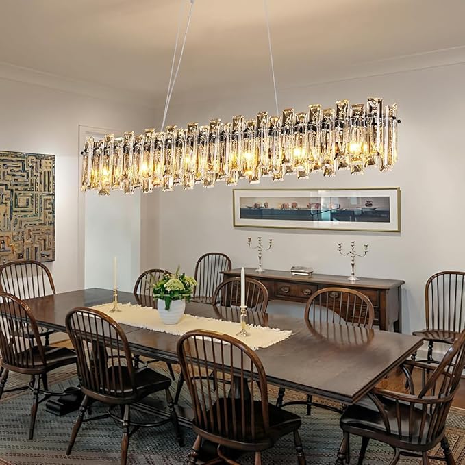 Modern Luxury Rectangular K9 Crystal Chandelier for Dining Room Living Room Kitchen Island Entryway Foyer L43 Easy Install Adjustable Hight 6-Light Ceiling Hanging Light Fixture Black