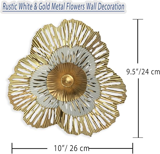 10" Metal Flower Wall Art Decor, Rustic Modern Floral Sculpture, Distressed Iron Wall Hanging Home Decoration Accent Artworks for Indoor Kitchen Bedroom Living Office Outdoor Garden Patio (36B-Gold)