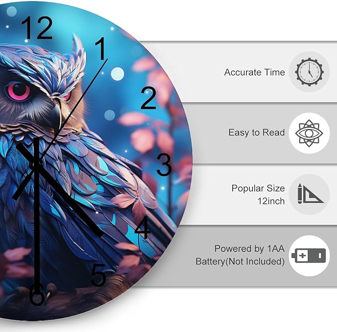 Blue Owl-Themed Circular Wall Clock, Dreamy Background Owl Watercolor Art In The Flower Night Forest, Wooden Silent Wall Decorative Wall Clock Teenagers' Rooms, Living Kitchens 12x12INCH
