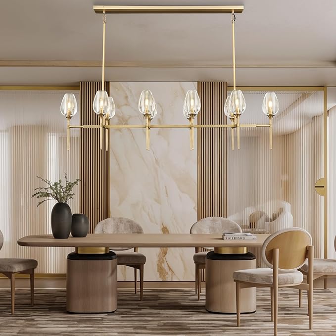 Modern Crystal Chandelier 10 Lights Brass, 65in Gold Rectangle Tulip K9 Crystal Chandeliers, Large Chandelier Ceiling Light for Dining Living Room Bedroom Entryway, E12 Bulbs Included