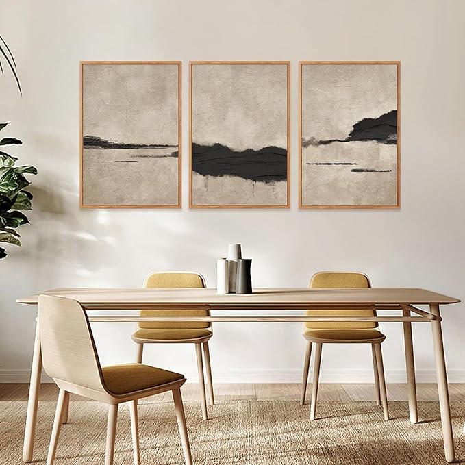 Large Abstract Black and Tan Framed Canvas Wall Art,Vintage Minimalist Wall Decor,Neutral Brush Stroke Artwork,Modern Textured Art Print for Living Room,Bedroom,Office- 24"x36"x3