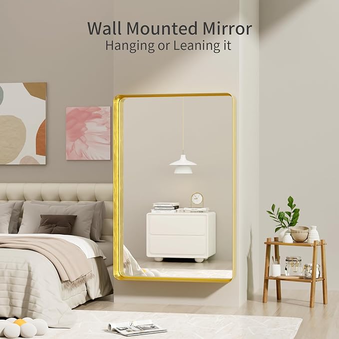 Koonmi Gold Wall Mirror for Bathroom, 36x55 Inch Matte Deep Framed Rounded Rectangle Vanity Mirror for Farmhouse Living Room, Tempered Glass, Anti-Rust, Vertically or Horizontally