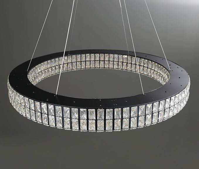 Modern Led Ring Chandeliers Dimmable Crystal Chandelier for Living Room Dining Room Ring Pendant Light Adjustable 24 inch Black