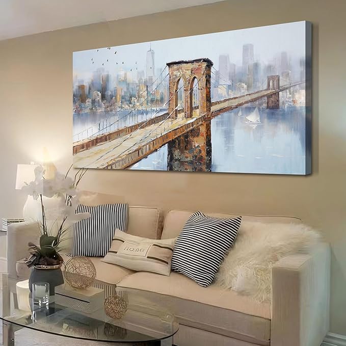Arjun Brooklyn Bridge Canvas Wall Art New York Skyline City Painting, NYC Picture Textured Artwork Framed for Bedroom Living Room Home Office Wall Decor, Large 40"x20"