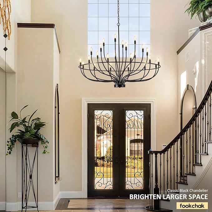 24 Light Black Chandelier 51'' Large Candle Chandeliers for High Ceiling Foyer Modern Farmhouse Chandelier Light Fixture for Large Living Room Dining Room Stairs Entry Restaurant Hotel