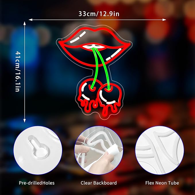 Cherry Lips Neon Sign, Neon Signs for Wall Decor Neon Red LED Signs Room Neon Light Up Signs Home Decor for Bedroom Club Party Bar Shop USB Operated