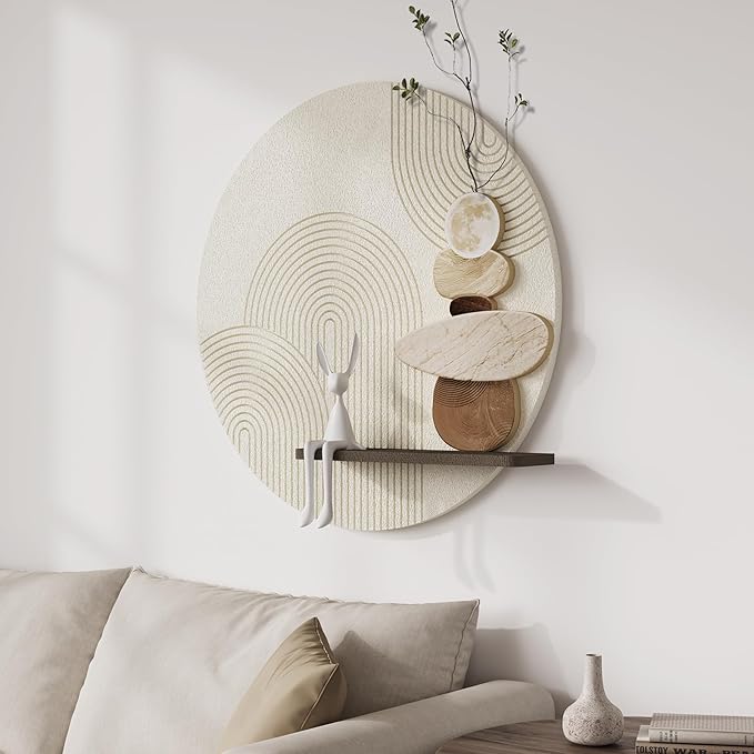 3D Textured Neutral Abstract Wall Art Decor With Shelf, Boho Beige and Brown Artwork for Walls With Green Accent, Modern Minimalist Wall Decor for Living Room, Hallway, Kitchen, Bedroom, Office, 24x24