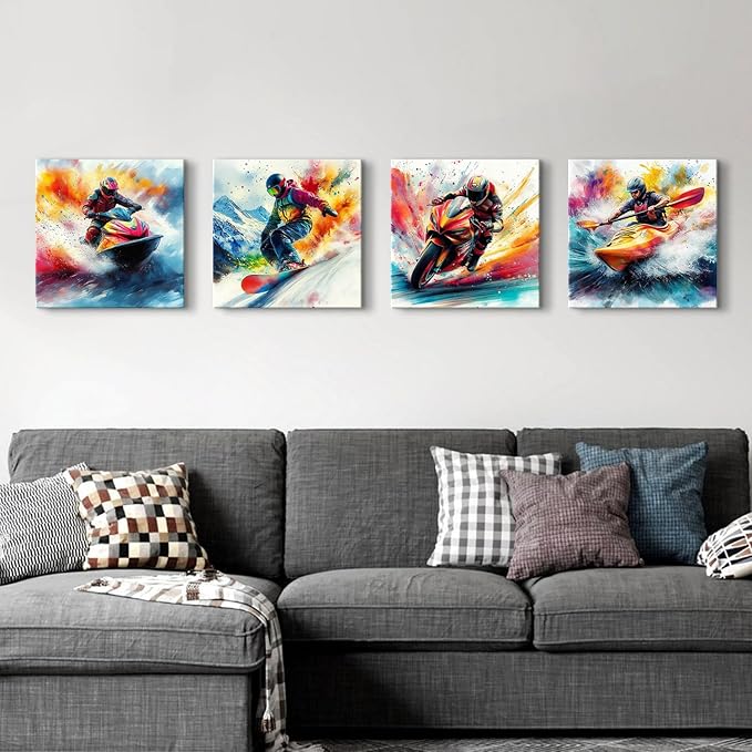 Leisure Sports Canvas Wall Art for Mens Bedroom Wall Decor Abstract Watercolor Skiing Surfing Pictures Colorful Jet Ski Athlete Framed Artwork Teenager Boys Room Decor Cool Home Decoration 16x16 4Pcs