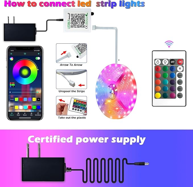 65.5FT Led Strip Lights,Long Smart Led Light Strips Music Sync 5050 RGB Color Changing Rope Lights,Bluetooth APP/IR Remote/Switch Box Control Led Lights for Bedroom,Home Decoration,Party,Festival
