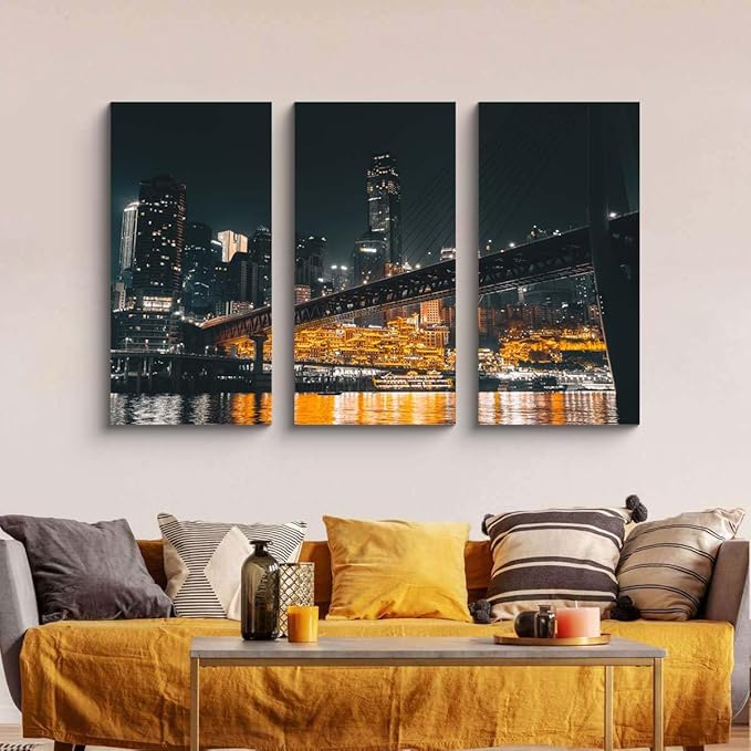 NAN Wind 3PCS Chongqing City Nightscape Canvas Wall Art Illuminated Chinese Skyline with Bridge Skyscrapers Modern Urban Landscape Photography Print for Living Room Office Bedroom Decor