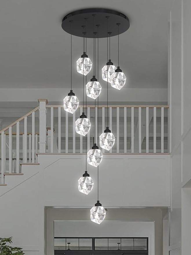 10-Lights Crystal Chandeliers for Living Room 120 inches Black Long Staircase Chandelier Foyer Entrance Crystal Ceiling Chandeliers LED Dimmable 3000-6000K