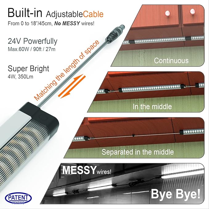 LED Under Cabinet Lighting Touch Under Cabinet Lights Built-in Adjustable Cable & External Cable 3 Panel Under Counter Lights for Kitchen 12W 1350Lm 3000K Warm White Closet Light for Timer