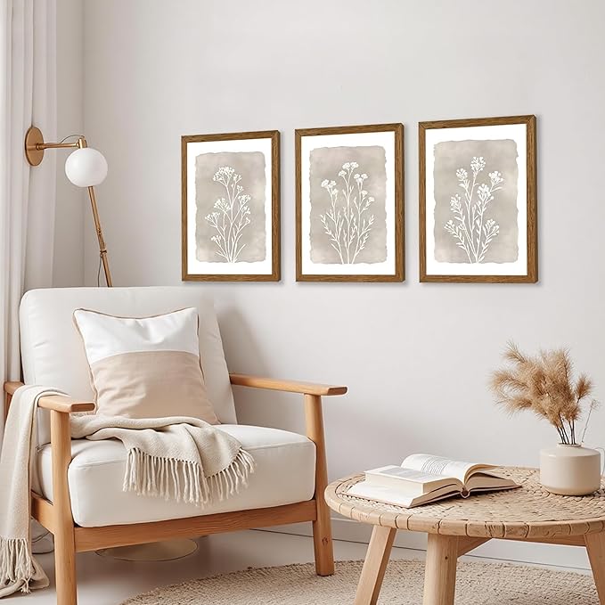 JLTULT 3 Piece Boho Beige Floral Wall Art, Minimalist Line Botanical Flower Wall Decor, Vintage Rustic Wildflower Art Prints for Living Room Bedroom Office Farmhouse decoration 12x16 in Ready to Hang