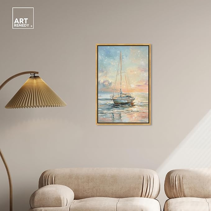 Art Remedy Boat On The Shore Framed Sailing 1 Piece Canvas Wall Art, 21.5" x 31.5", Gold Frame
