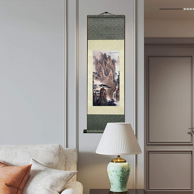 AtfArt Asian Wall Decor - Beautiful Silk Scroll Painting: Waterfall River Landscape - Autumn in Huangshan Mountain Oriental Decor - Chinese Wall Hanging (36.2 x 12 in)