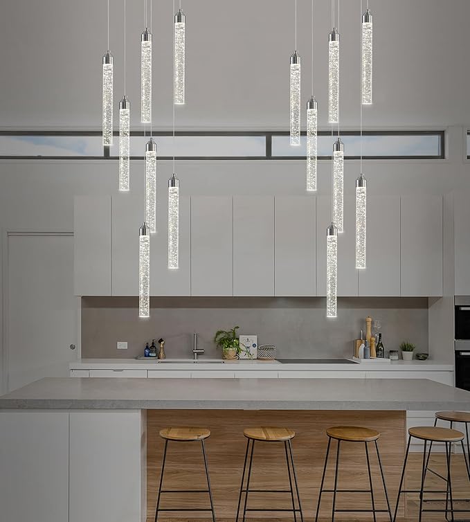 7-Lights High Ceiling Crystal Staircase Chandelier Chrome Pendant Lights Modern Spiral Raindrop Dimmable LED Bubble Cluster Ceiling Hanging Lighting Fixture for Foyer Living Room Remote Control