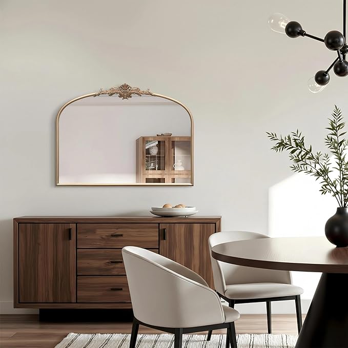 Arched Vintage Gold Mirror: 32"x24" Large Champagne Gold Antique Wall Mounted Mirror - Baroque Traditional Ornate for Fireplace/Bathroom/Living Room - Christmas Idea Gifts for Women