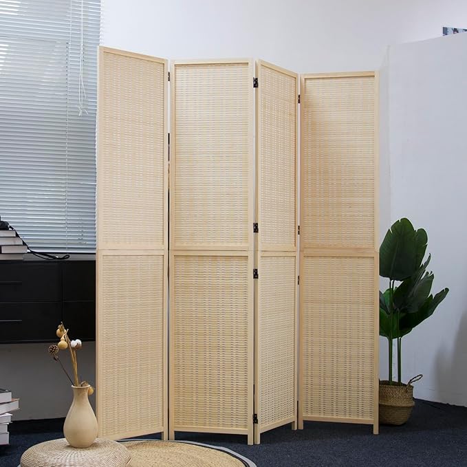 4 Panel Bamboo Room Divider and Folding Screen Divider,Two in One Detachable and Foldable Panel Divider for Room Separation,Beige,67" H x 61.4" W