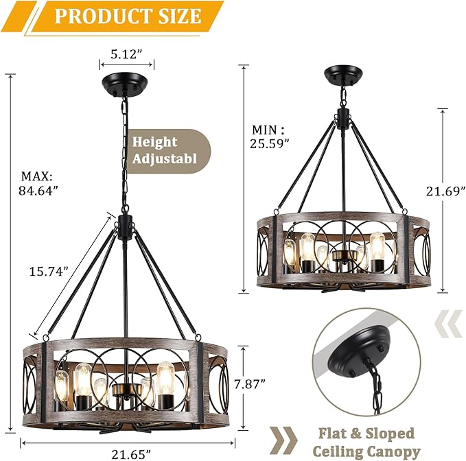21.6'' Farmhouse Chandelier for Dining Room 6-Light Rustic Chandeliers Metal Black and Wood Grain Finish Drum Light Fixture for Bedroom Living Room Entryway Foyer Kitchen Island Lighting, E26