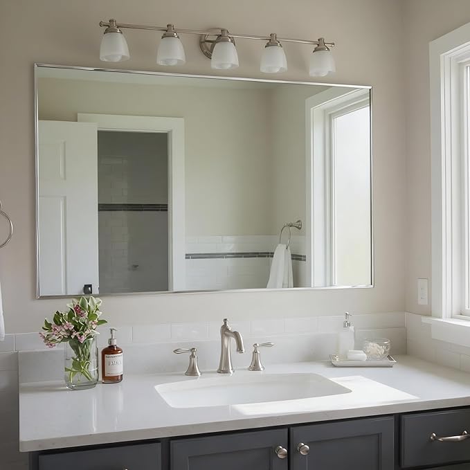 27x40 Inch Nickel Bathroom Mirror for Wall, Aluminum Frame Rectangle Rectangular Vanity Mirror, Modern Large for Bedroom, Living Room, Horizontal or Vertical