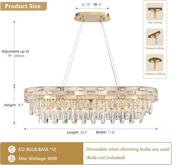 Modern Crystal Chandelier,12-Light Gold Chandelier Light Fixture Contemporary Luxury K9 Crystal Rectangular Pendant Ceiling Light Fixture for Dining Living Room Kitchen Island Bar (L34.3Inch)