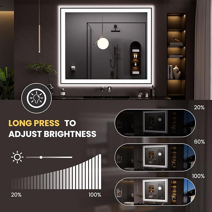 LOAAO 48"X40" LED Bathroom Mirror Black Framed, Anti-Fog, Dimmable, Lighted Bathroom Vanity Mirror for Wall, Memory Function, Tempered Glass