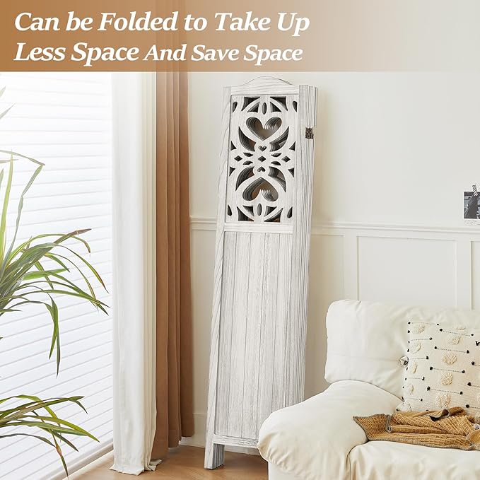 6 Panel Wood Room Divider 5.6Ft Carved Room Divider and Folding Privacy Screen, Minimalism Portable Partition Screen Divider for Room Separation, Room Decoration for Home Office - White