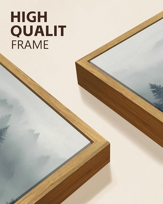 KUVIOKE Blue Fog Pine Tree Framed Wall Art Nature Nordic Forests Artwork Morden Painting Home Decor 11x14in (Natural Framed)