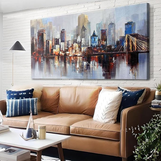 Arjun Brooklyn Bridge Wall Art for Living Room, Modern New York City Abstract Cityscape Canvas Painting, NYC Skyline Textured Picture Bedroom Artwork Home Office Wall Decor Extra Large Framed 58"x29"
