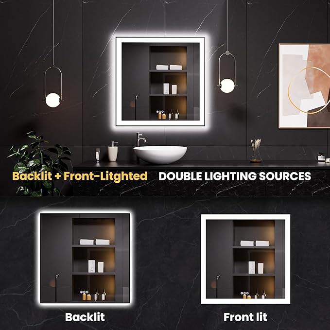 LOAAO 32"X32" LED Bathroom Mirror Black Framed, Anti-Fog, Dimmable, Lighted Bathroom Vanity Mirror for Wall, Memory Function, Tempered Glass