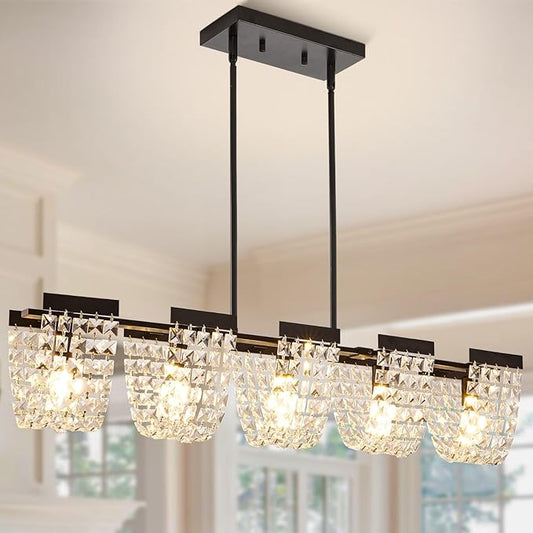 36" Black Chandelier, 5-Light Crystal Chandeliers for Dining Room, Modern Dining Room Light Fixture, Farmhouse Kitchen Island Lighting, Vintage Hanging Pendant Lights, Dining Chandelier Over Table