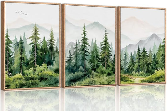 Ausril Watercolor Mountain Range Framed Canvas Wall Art Set, Green Forest Tree Wall Decor, Woodland Nursery Wall Painting, Modern Wilderness Art Print for Living Room, Bedroom, Office 24"x36"x3