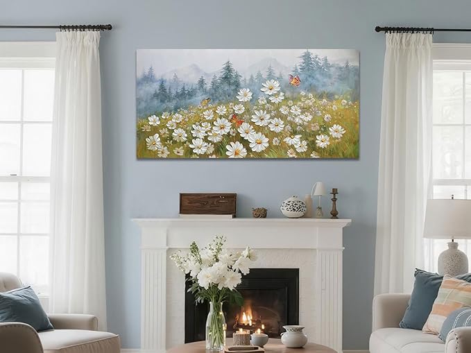 Arjun Flower Wall Art Daisy Painting Textured Paintings, Canvas Art Wall Decor, Large Wall Art for Bedroom, Daisy Art Large Paintings for Living Room Home Office Dining Room 40"x20"