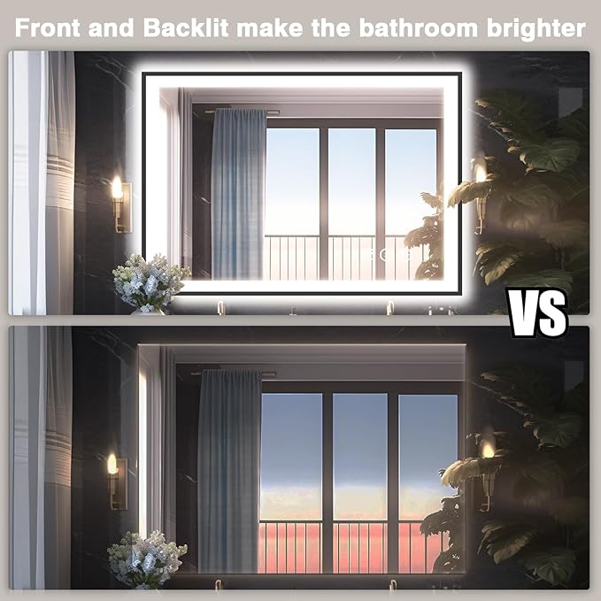40x30 LED Lights Bathroom Mirror -Black Aluminum Rimmed(Front lit and Backlit),Anti-Fog Vanity Mirror with Lights,Stepless Dimmable Lighted Mirror,3 Colors Smart Mirror(Horizontal/Vertical)