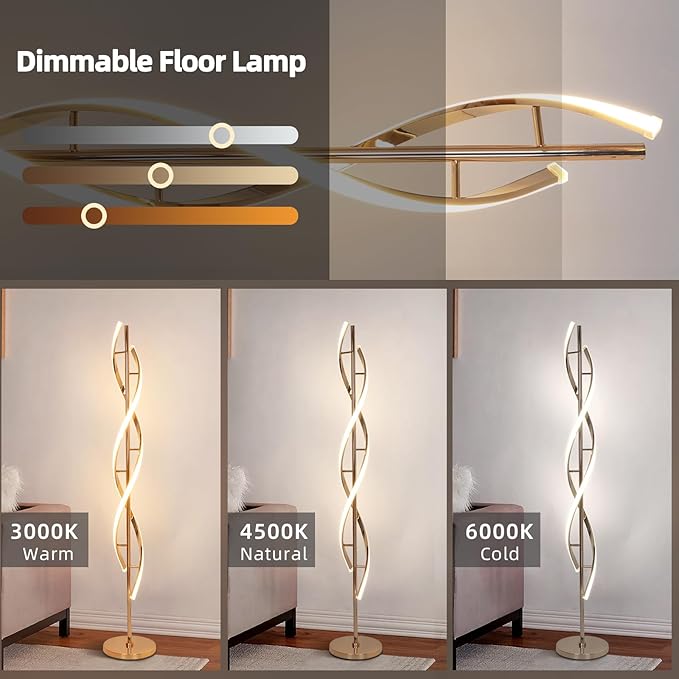 LED Modern Floor Lamp for Living Room, 40W 3 Colors Stepless Dimmable and Color-Changing Bright Floor Standing Lamp,60" Unique Spiral Floor Tall Lamp for Bedroom Office with Remote,Gold