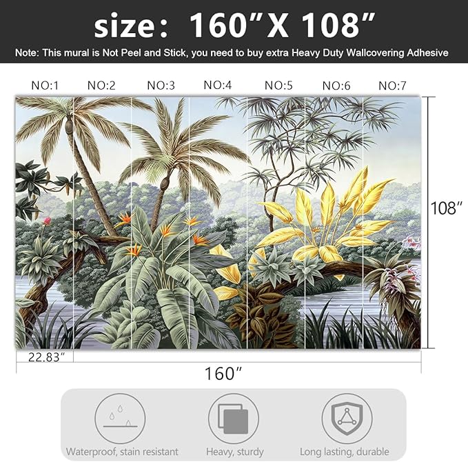 -Tropical Botanical Palm Leaf Fabric Wallpaper Living Room Bedroom Bathroom Rainforest Plant Jungle Large Wall Mural- 160"x108"（ not Peel and Stick）
