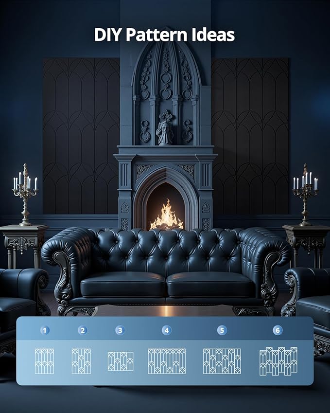 Black Gothic Acoustic Wall Panels, Peel and Stick Self Adhesive Sound Absorbing Tiles for Studio, Walls, Bedroom, 12 Pack, 12" x 12" x 0.4", Decorative Art Panels for Ceiling, Doors, Pared, Home Decor